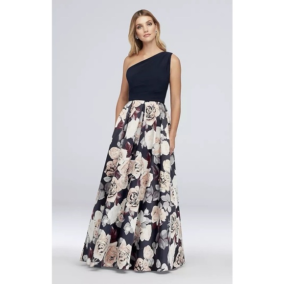 Betsy & Adam Navy Floral Satin One Shoulder Ball Gown Dress Size 14W Formal - Picture 1 of 12